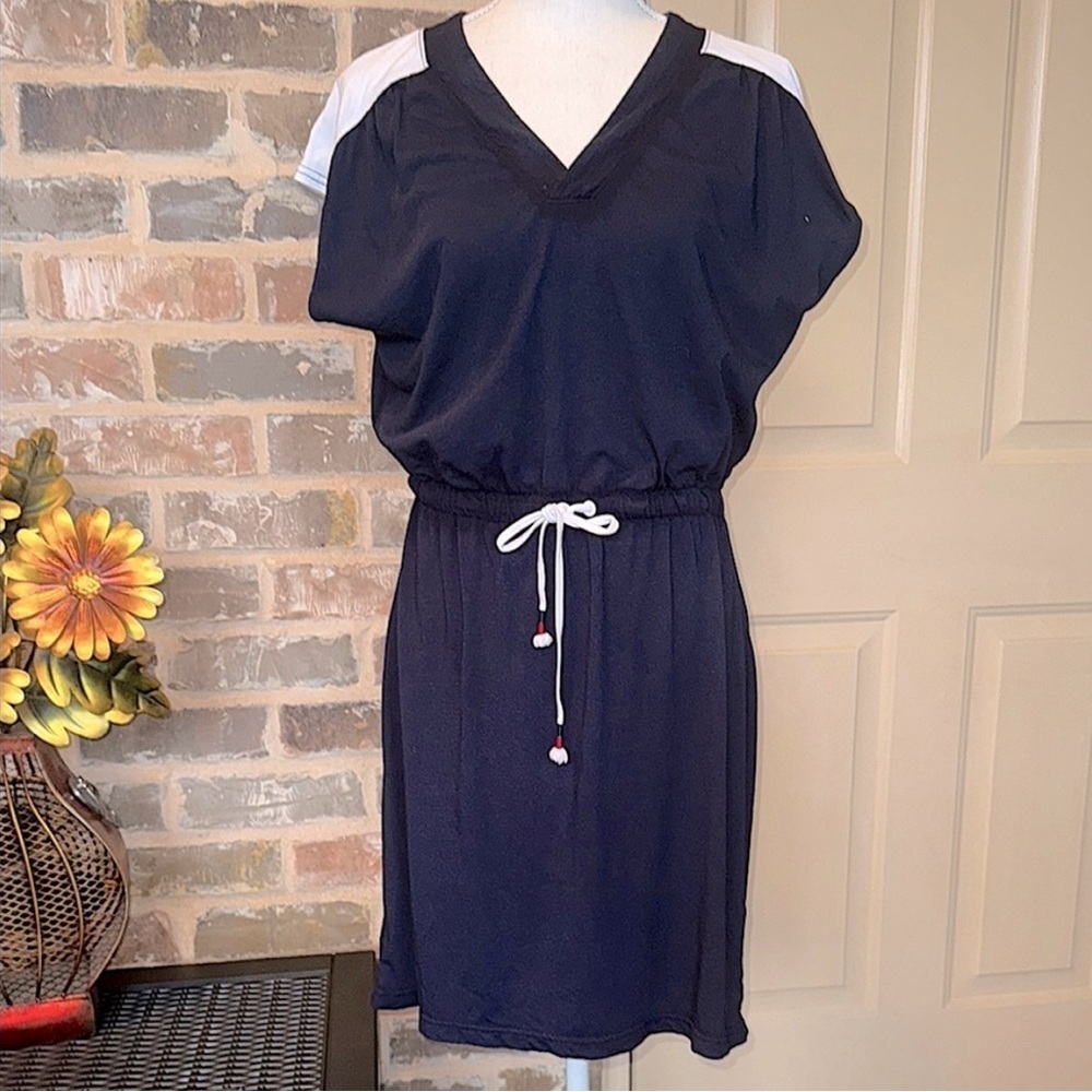 Nautica Navy Blue & White V-Neck Drawstring Waist Casual Dress - Size Medium - Picture 12 of 13